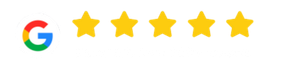 The Google logo followed by five yellow, filled-in stars, representing a five-star rating.