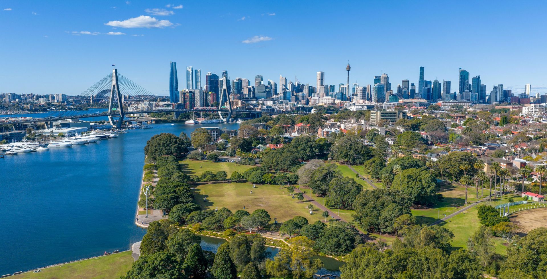 Sydney skyline and Harbour Bridge beside blue water and green parkland under a clear sky
