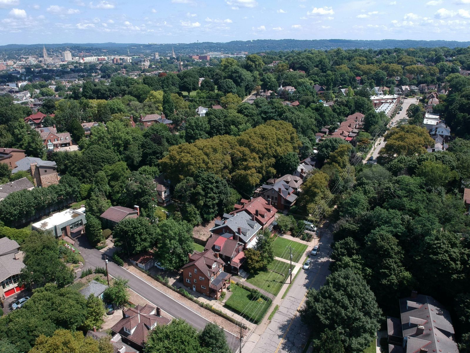 Aerial view of houses in a suburban area.
