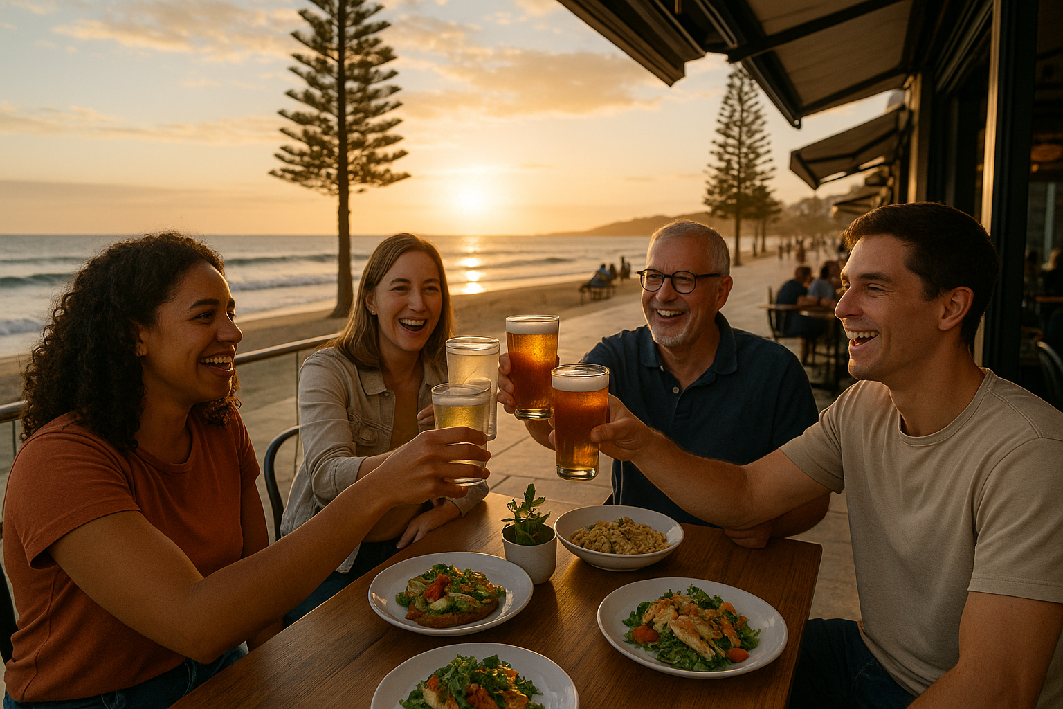 Friends cheersing drinks at a beachside café during sunset.