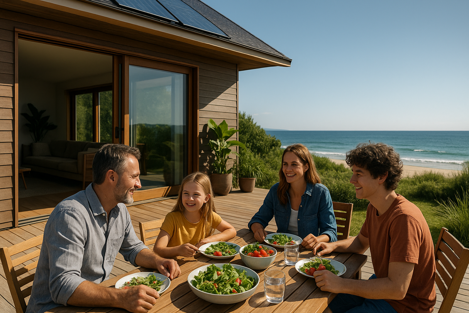A happy family enjoying a meal on the deck of their sustainable home.