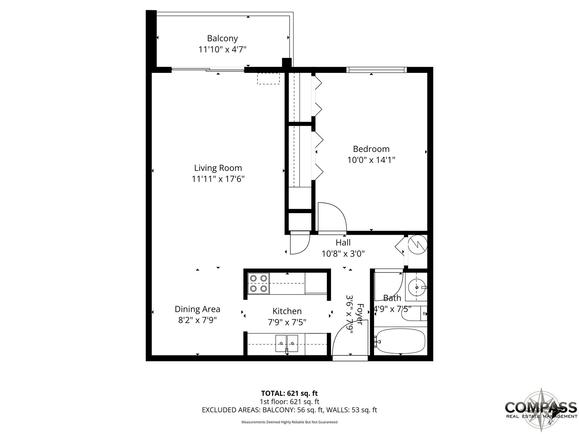 Black-and-white floor plan of a small apartment with labeled rooms and dimensions.