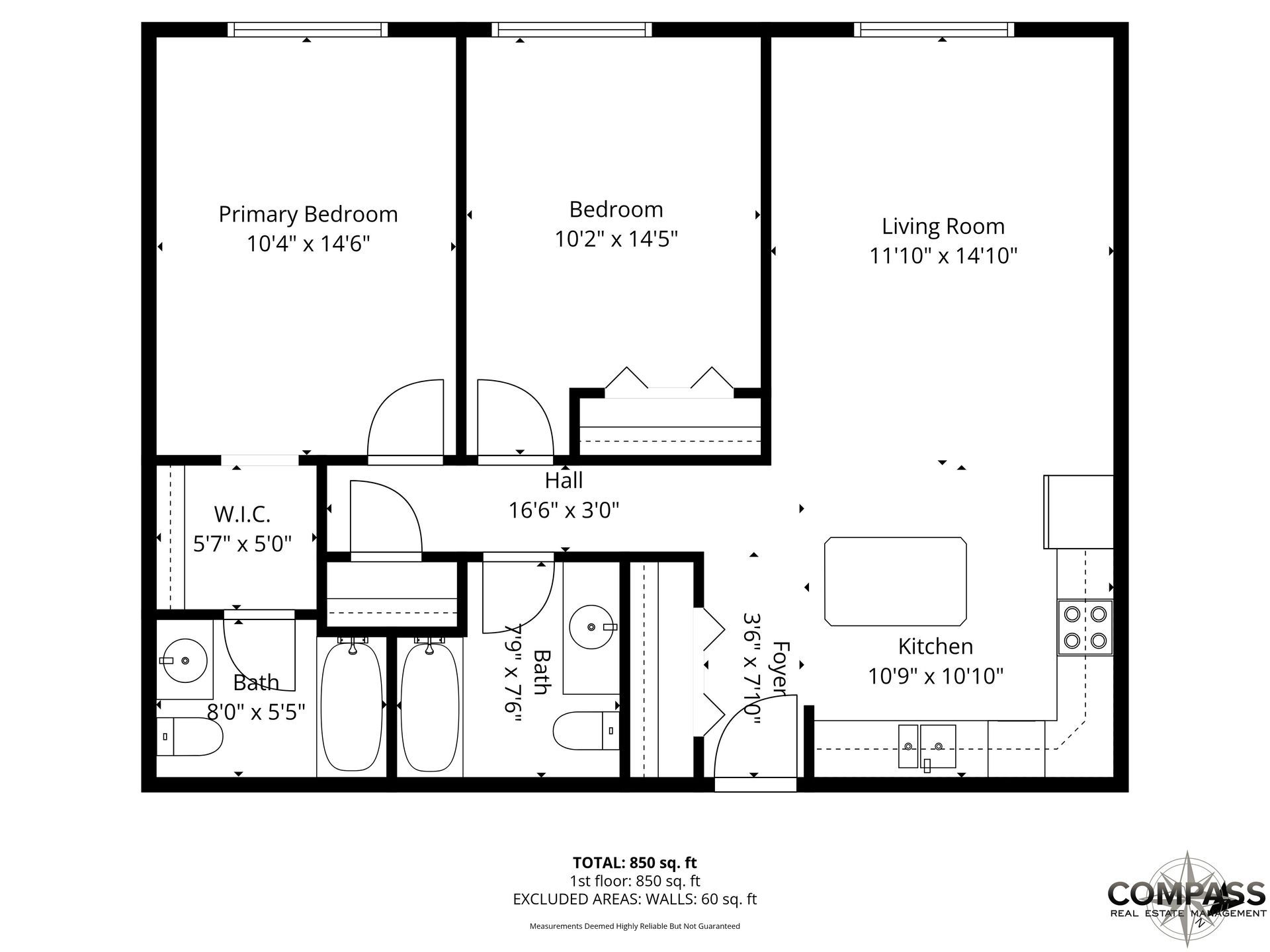 Black-and-white floor plan of a small home with three bedrooms, kitchen, baths, and living area.