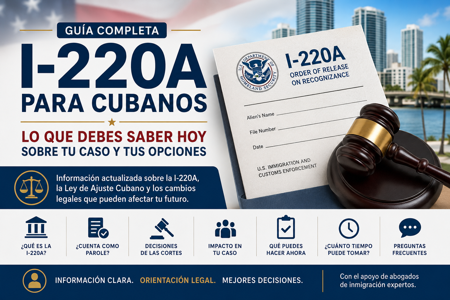 Guía completa I-220A para cubanos, con formulario, martillo y fondo azul en estilo informativo.