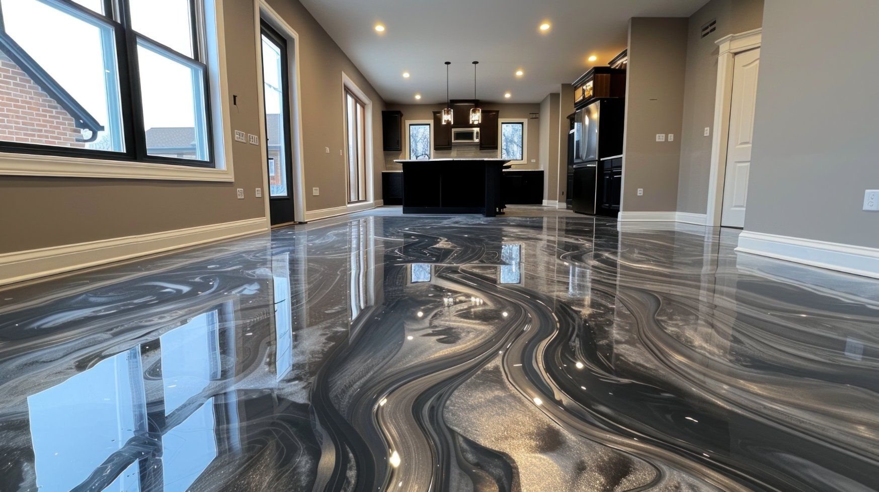 Shiny, marbled epoxy floor reflecting a kitchen with black cabinetry, a central island, and large windows.