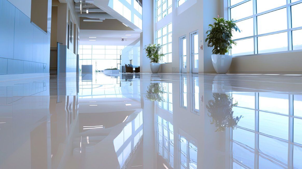 A shiny, light-filled hallway with large windows, potted plants, and reflections on the floor.