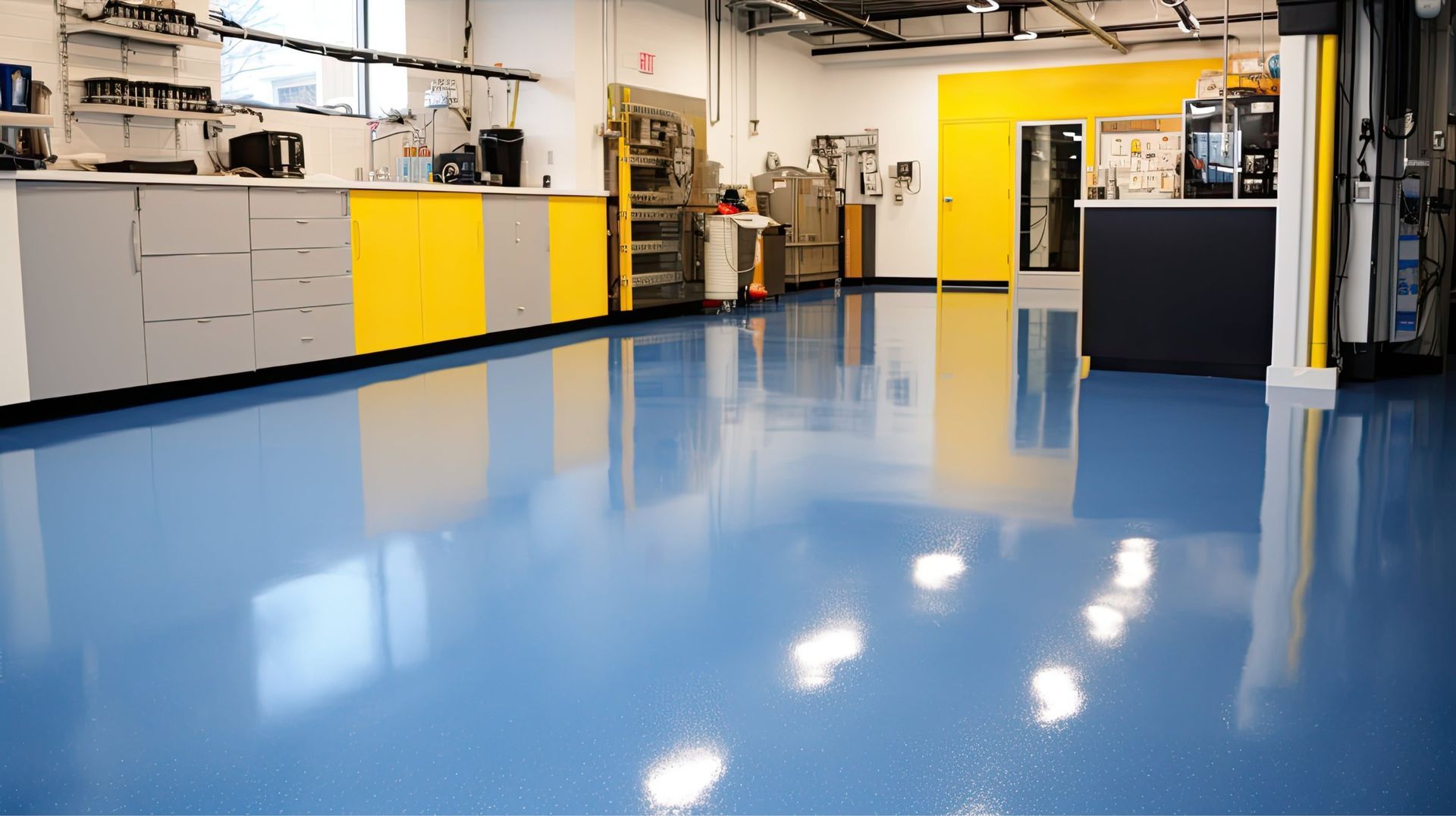Blue epoxy floor in a lab with yellow and gray cabinets, and a yellow door.