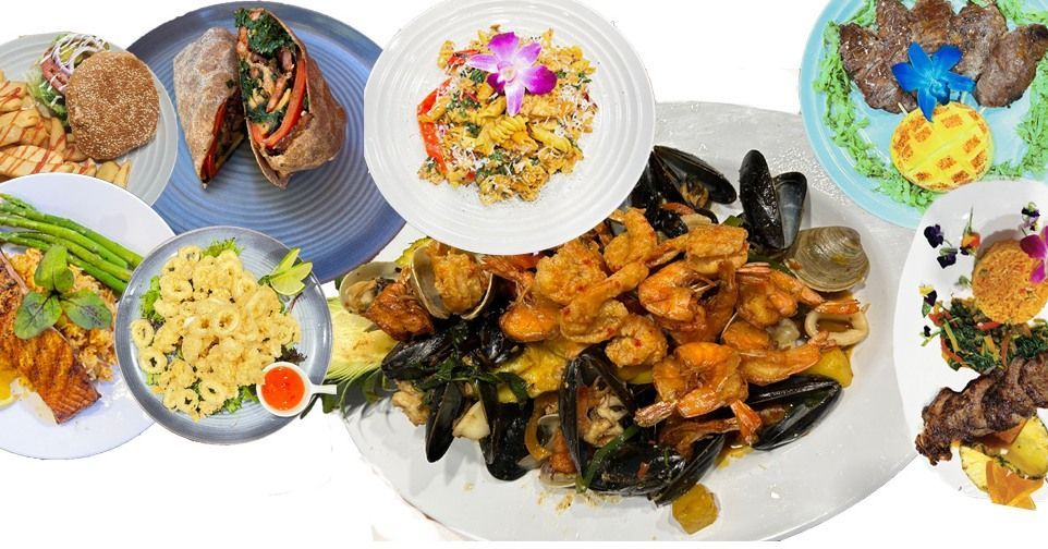 Assortment of plated dishes featuring seafood, pasta, wraps, and grilled meats, presented for a food presentation.