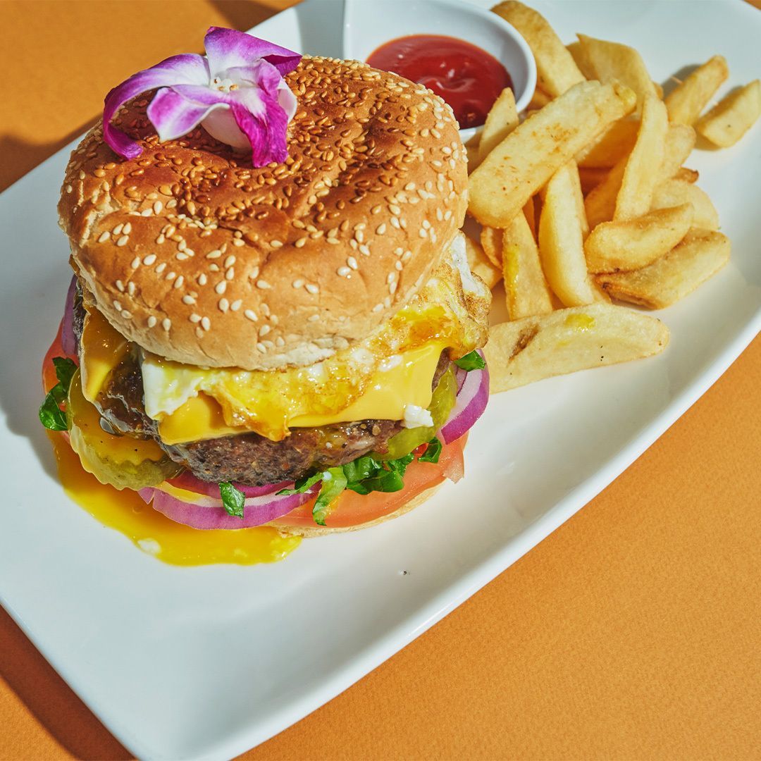 Hamburger with fries and ketchup on a white plate; orange background.