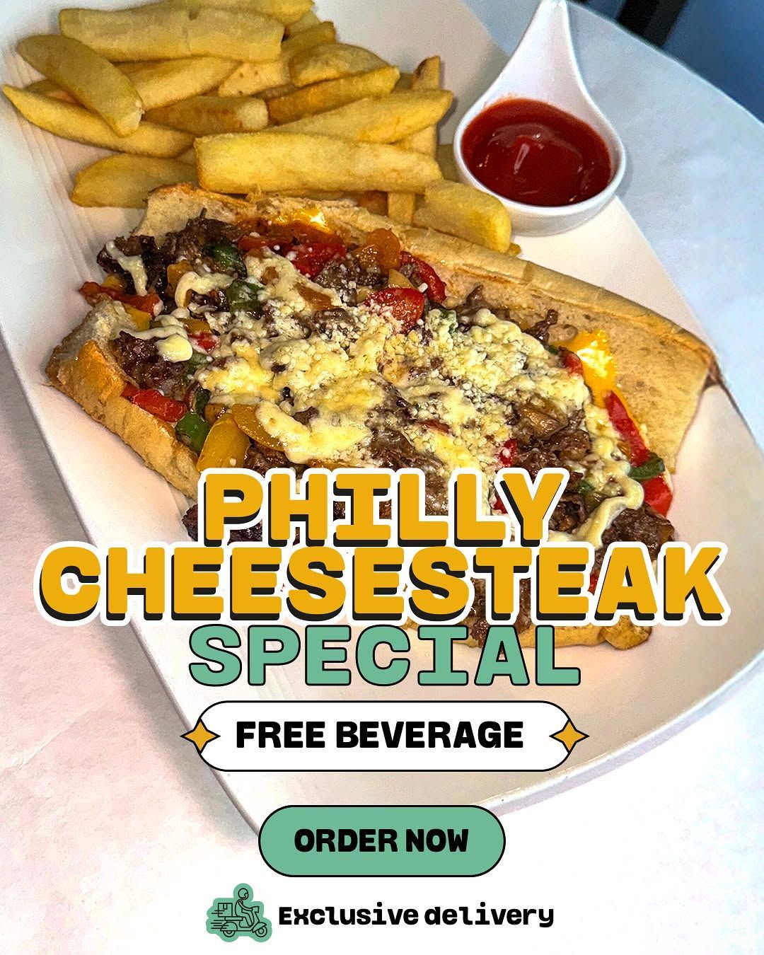 Philly cheesesteak sandwich with fries and ketchup, a special offer with a free beverage and exclusive delivery.