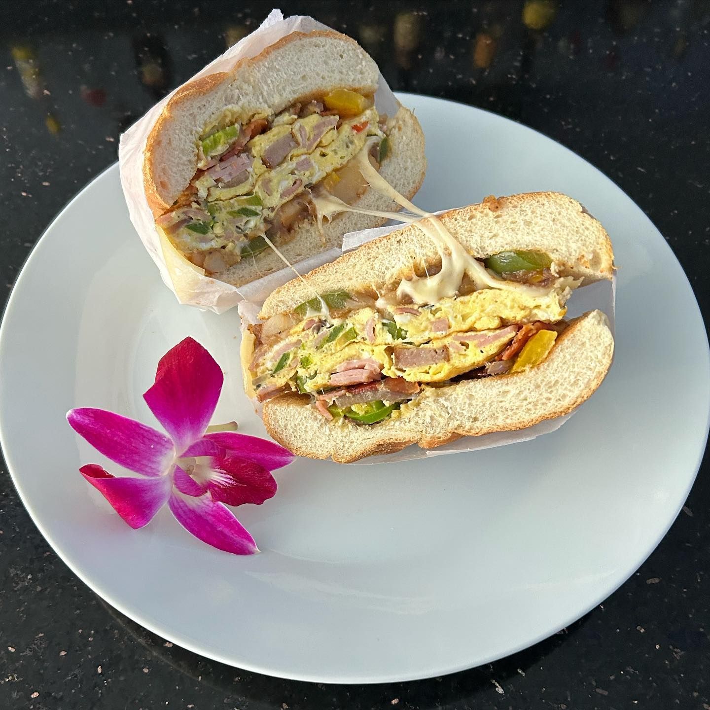 Halved sandwich on a white plate with visible cheese, vegetables, and meat, next to a pink orchid.