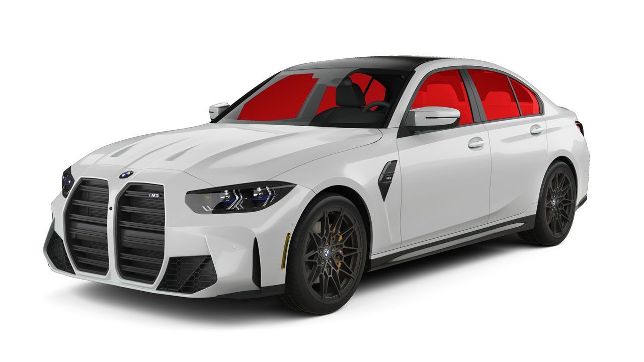 A white bmw m3 with red seats on a white background.