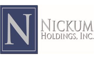 the logo for nickum holdings inc. is blue and white