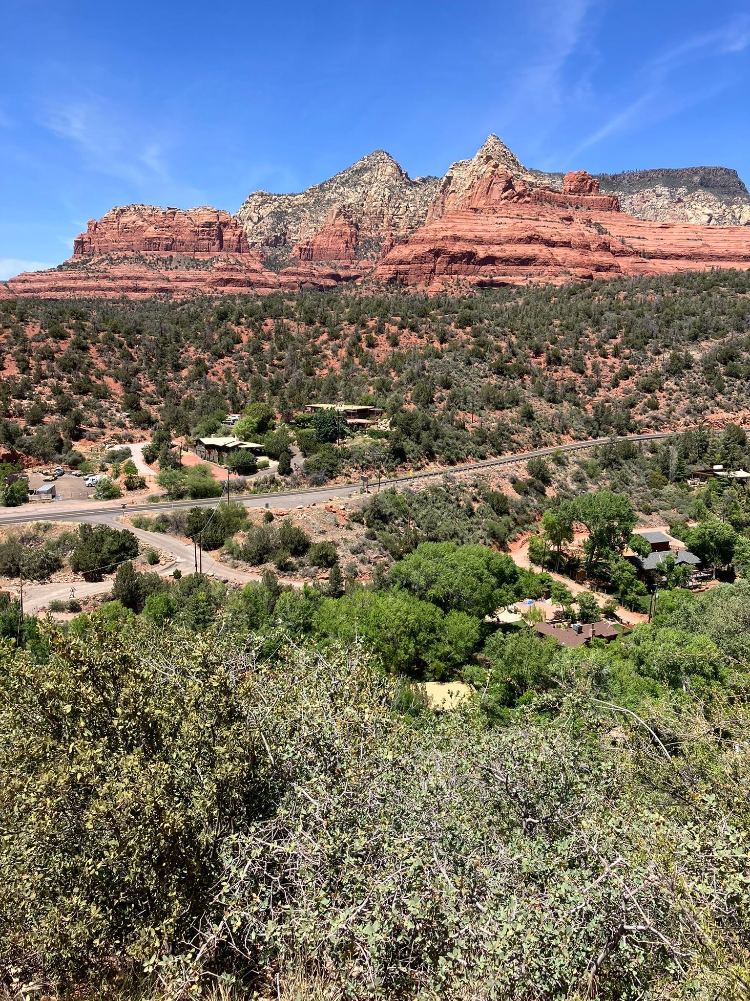 A view of a valley with mountains in the background and trees in the foreground.
