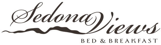 The logo for sedona views bed and breakfast is black and white.