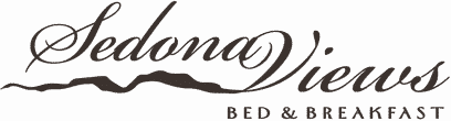 The logo for sedona views bed and breakfast is black and white.