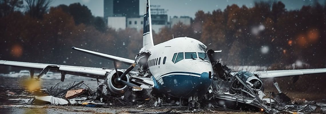 Damaged airplane wreckage in snowy weather, nose facing forward on a runway with debris scattered around.