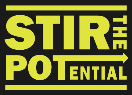 rectangular logo. black background with yellow lettering reading STIR, in capital letters, THE and POTential with POT larger than the rest of the letters. 
