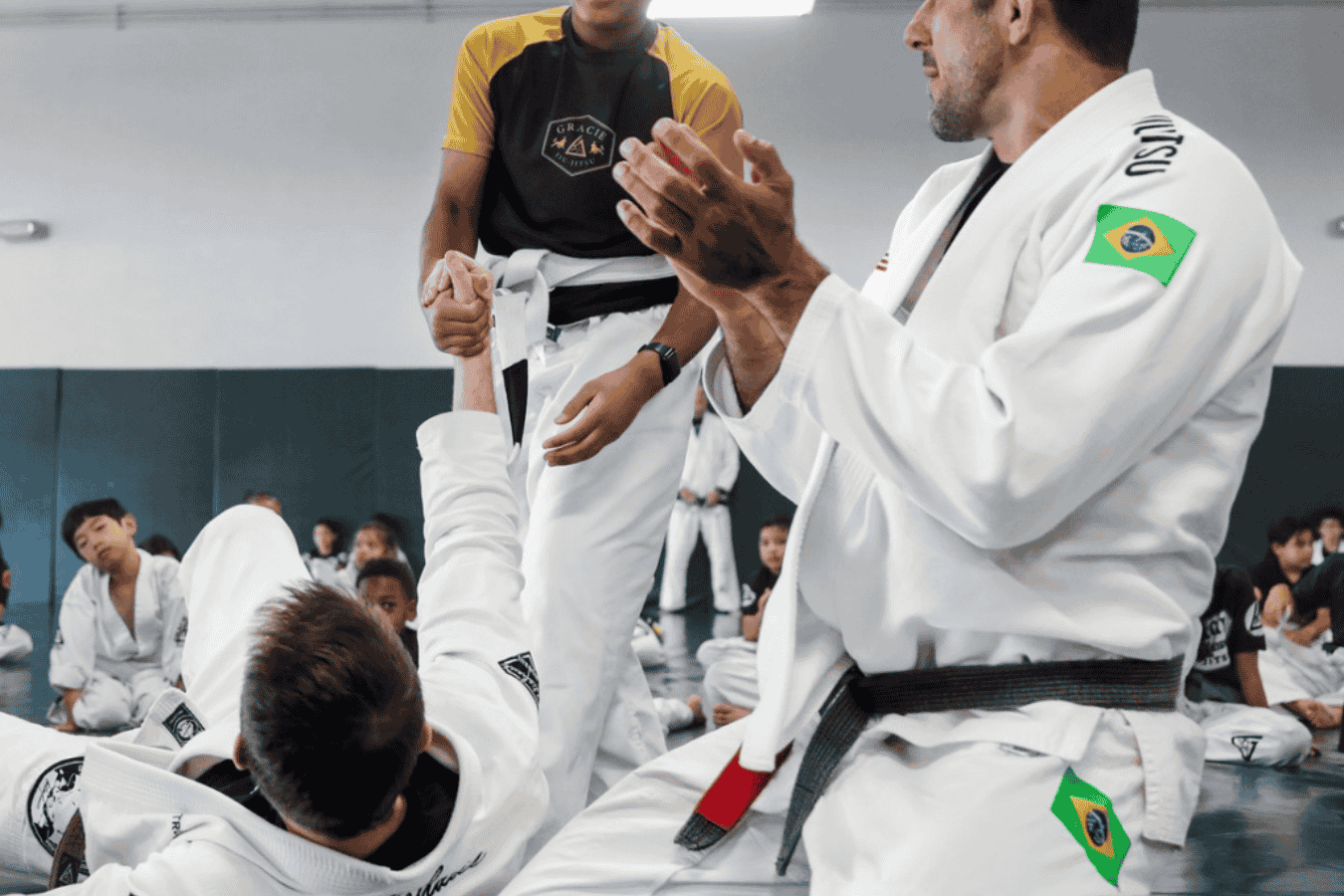 Adults practicing controlled Jiu-Jitsu drills at Gracie Jiu-Jitsu San Jose in San Jose, CA for strength and focus.