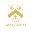 Gold shield with three abstract shapes, a chevron, and "WALSHCO" below.