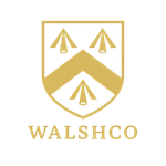 Gold shield with three abstract shapes, a chevron, and "WALSHCO" below.