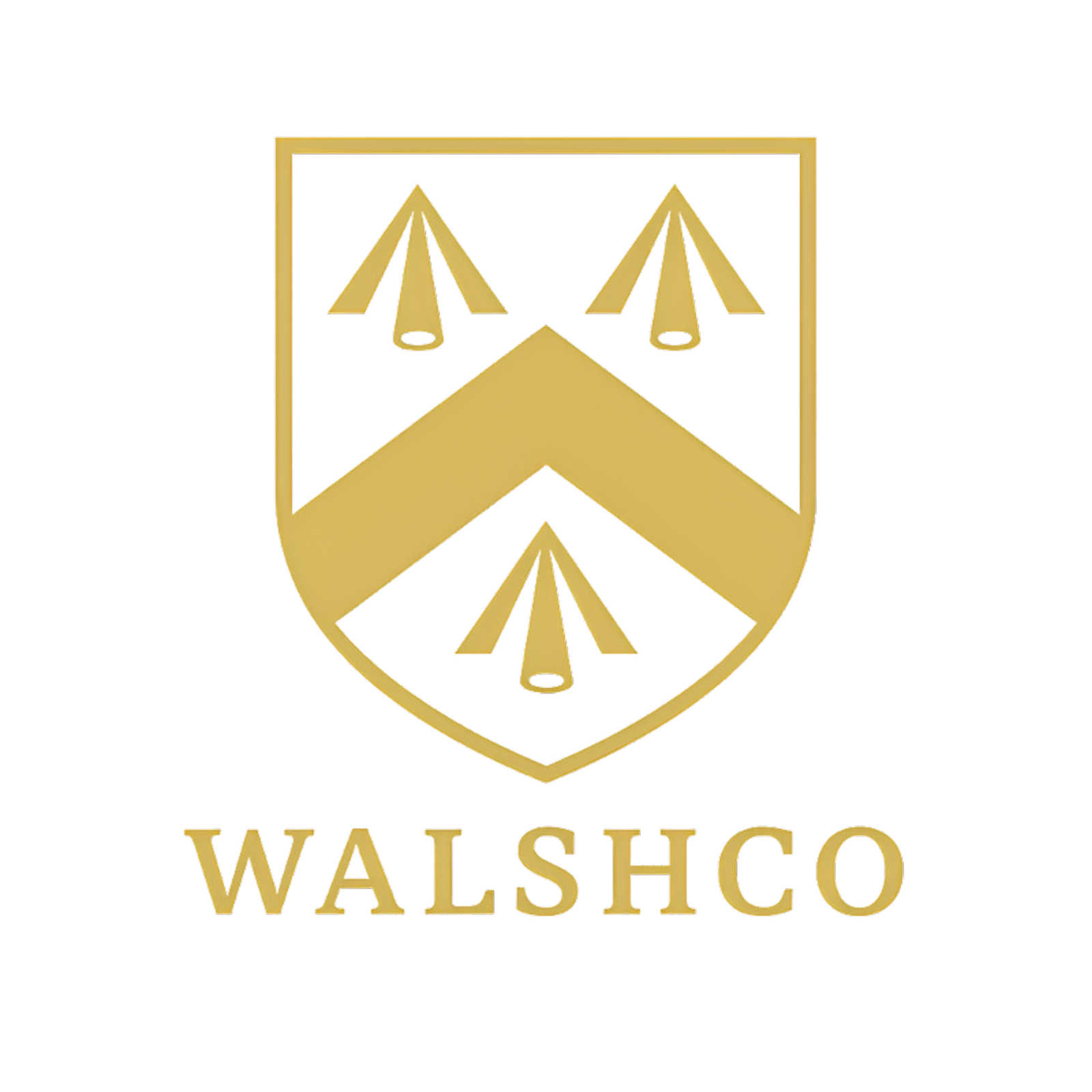 Gold shield with three abstract shapes, a chevron, and "WALSHCO" below.