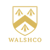 Gold shield with three abstract shapes, a chevron, and "WALSHCO" below.