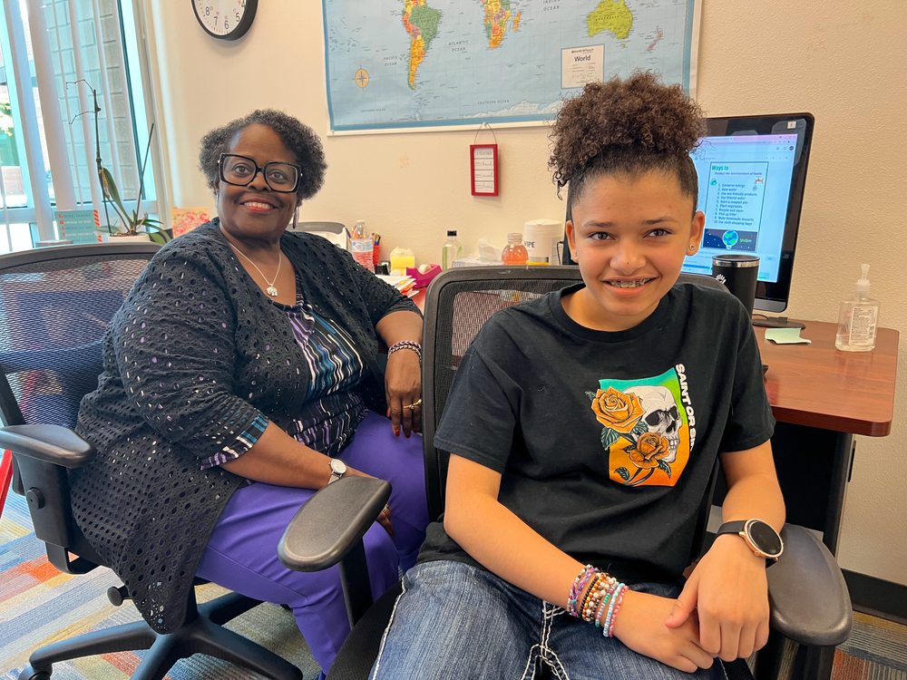 A woman and a boy are sitting in chairs in front of a computer.