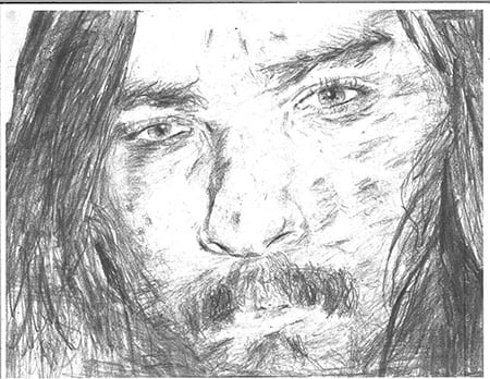 A black and white drawing of a man with long hair and a beard.