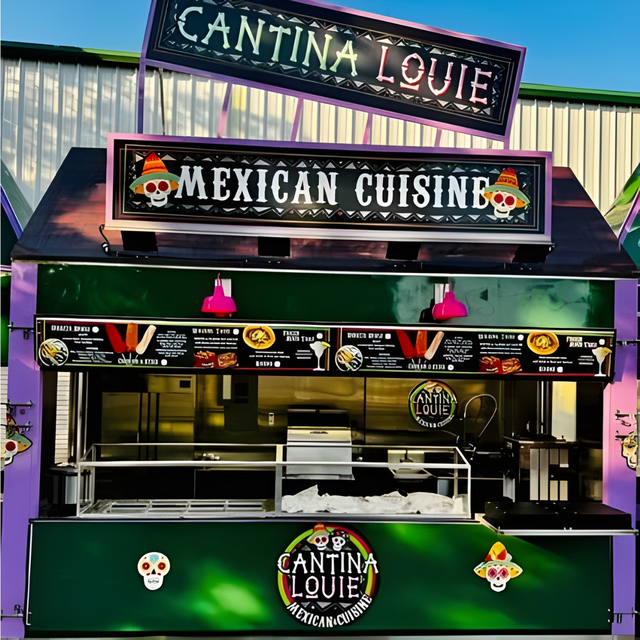 Cantina Louie Mexican food stand with a colorful Day of the Dead theme, serving Mexican cuisine.