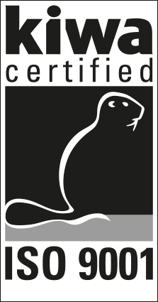 Het Kiwa Certified-logo met een zwarte omtrek van een bever en ISO 9001.