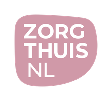 Logo voor Zorg Thuis NL, met witte tekst op een roze vorm.