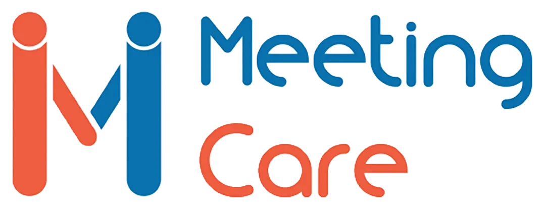Logo van Meetingcare Thuiszorg; het logo toont twee gestileerde personen, een oranje en een blauwe, met de naam in blauwe tekst.