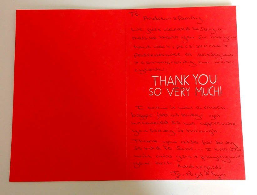 Thank you card Andrew Riley heating plumbing & gas 