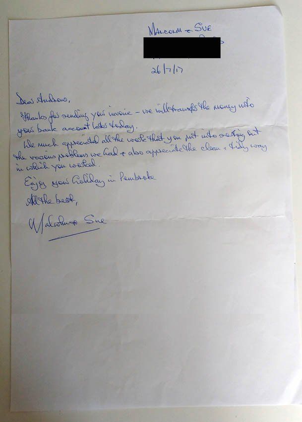 Thank you letter Andrew Riley heating plumbing & gas 