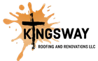 Kingsway Roofing and Renovations LLC logo with a black cross over orange paint splatter.