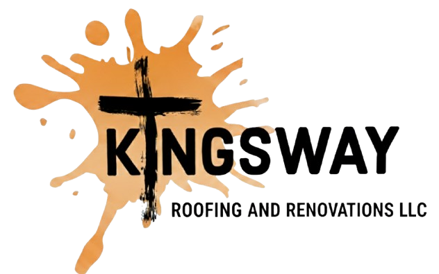 Kingsway Roofing and Renovations LLC logo with a black cross over orange paint splatter.