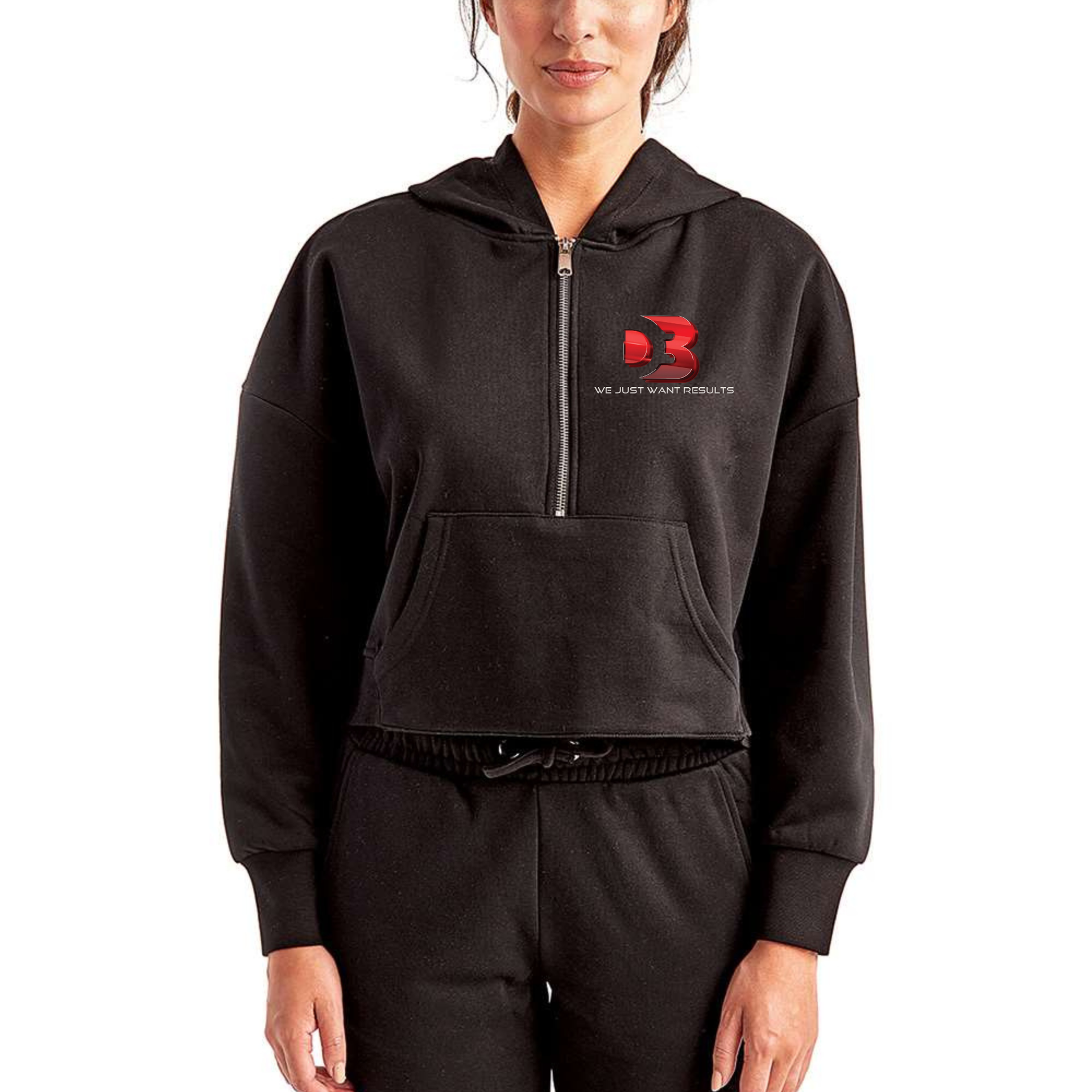 WE JUST WANT RESULTS- Half-Zip Hooded Sweatshirt