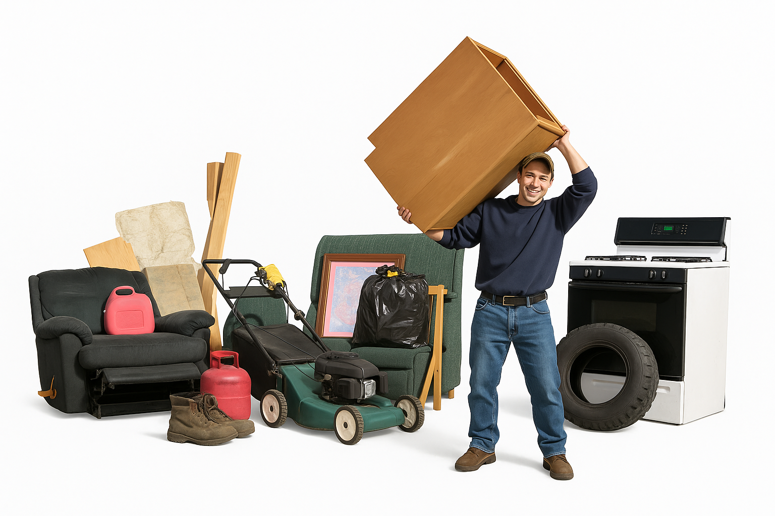 A man is carrying a box over his head surrounded by junk