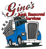The logo for gino 's junk removal services shows a blue truck with a dumpster on the back.