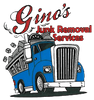 The logo for gino 's junk removal services shows a blue truck with a dumpster on the back.