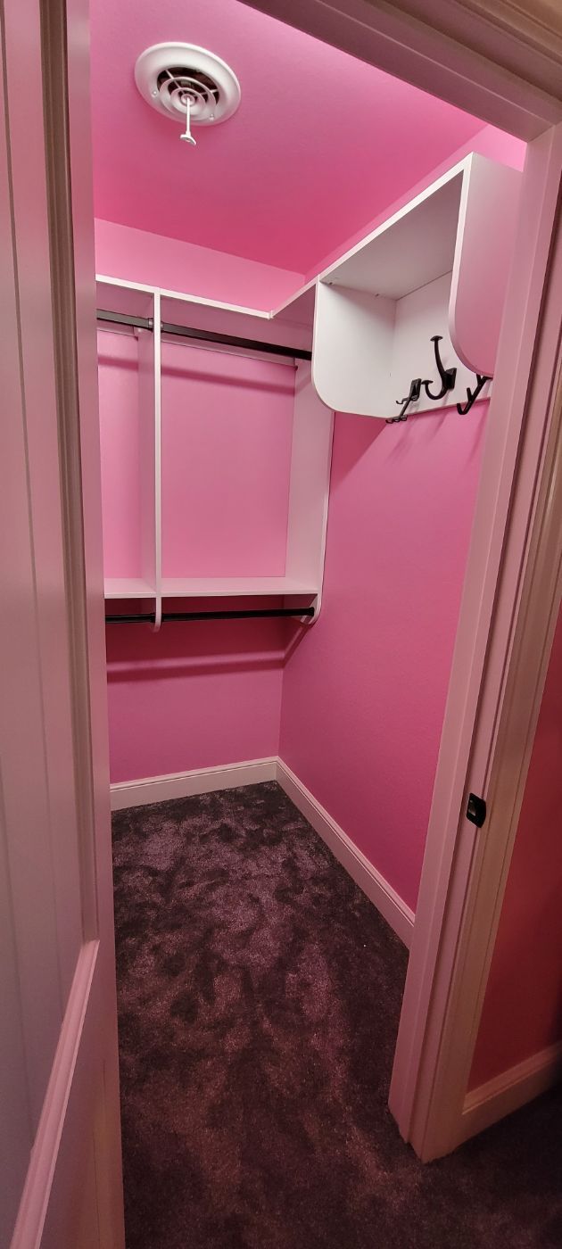 a walk in closet with pink walls and a pink ceiling .