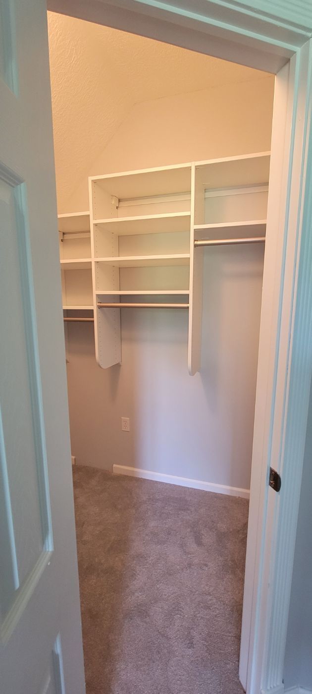 a walk in closet with lots of shelves and a carpeted floor .