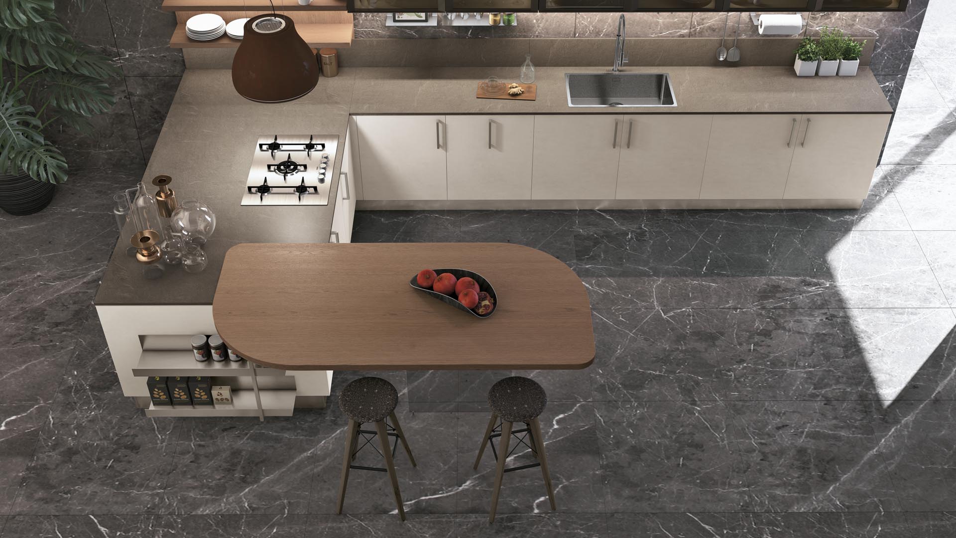 cucina moderna con pavimento in marmo nero