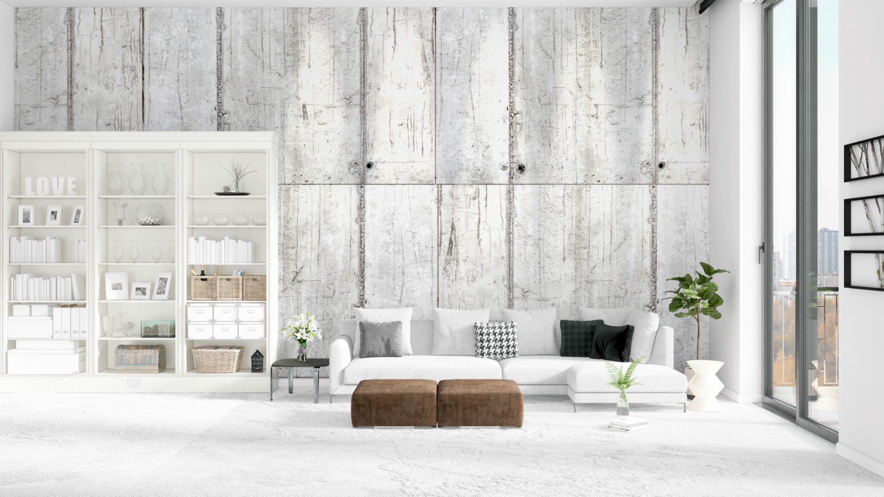 salotto moderno con pareti grigie e divano angolare bianco