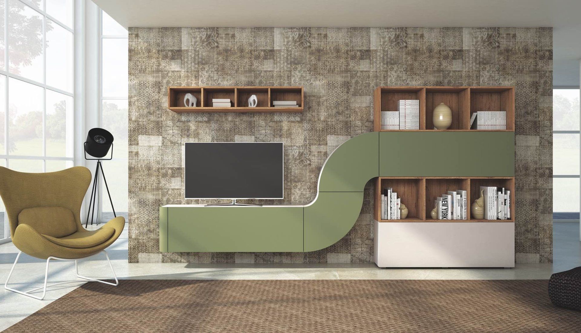 parete attrezzata con mobili verdi e in legno