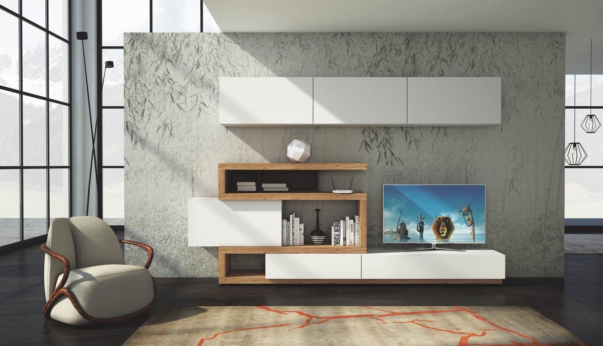 parete decorata con mobili sospesi bianchi e in legno