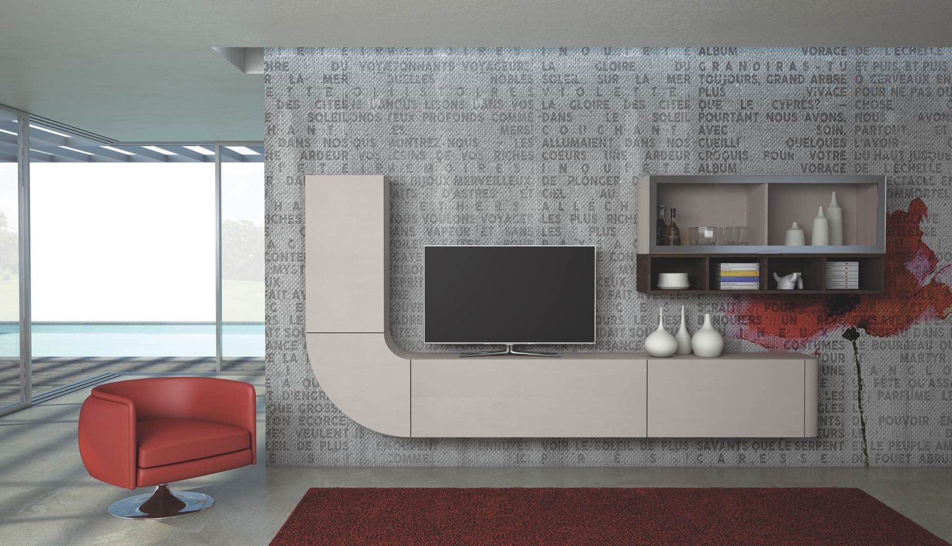 parete attrezzata con mobili beige e muro grigio con scritte