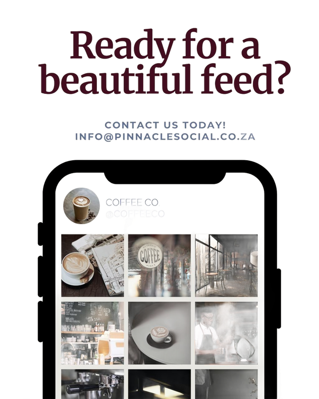 A smartphone screen displays a coffee-themed Instagram grid with the text: 