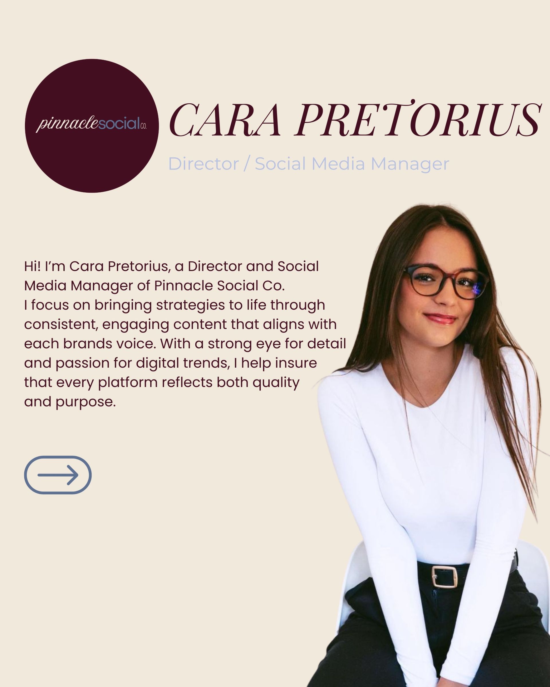 A professional headshot of Cara Pretorius, Social Media Manager, beside her bio text on a light background.